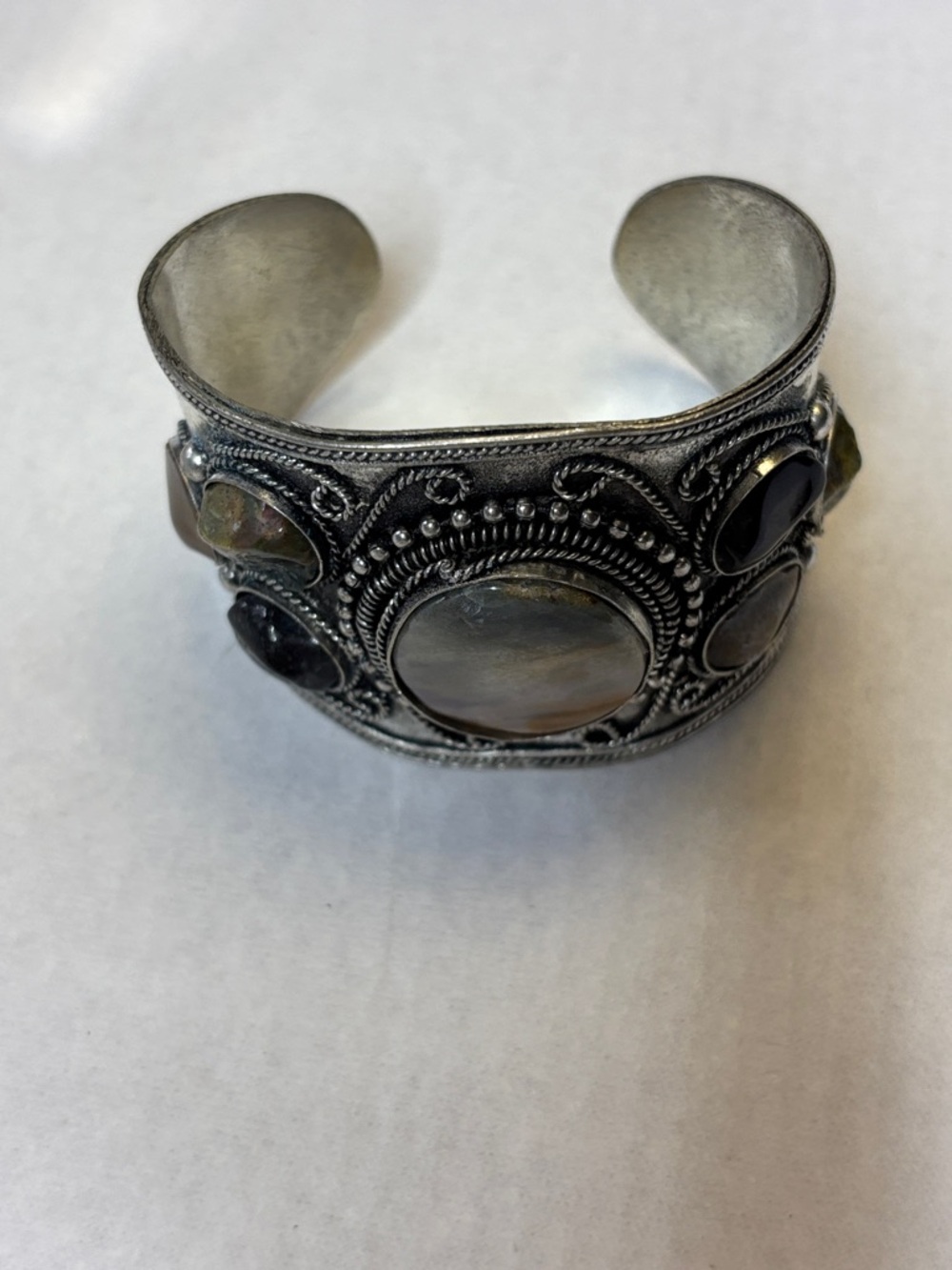 Wide Silver Cuff Bracelet with Polished Stone Cabochons - Picture 4 of 9